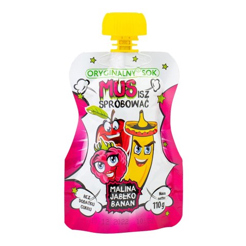 Mus: malina, jabłko i banan bez dodatku cukru 110 g Mus: malina, jabłko i banan bez dodatku cukru 110 g