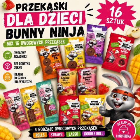 Przekąski dla Dzieci Bunny Ninja MIX 16 Owocowych Przekąsek Bez Dodatku Cukru